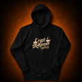 A black pullover hoodie with a distressed gold graphic on the chest reading 'Crypt Keeper Coffee' alongside a skull and coffee cup icon, displayed against a dark brown textured background.