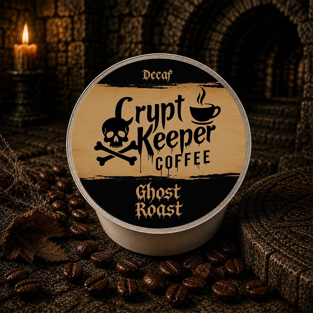 A single round coffee pod container labeled 'Crypt Keeper Coffee' and 'Ghost Roast' sits on a dark textured surface surrounded by coffee beans, with a candle and stone background visible behind it.