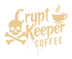 A stylized beige logo reading 'Crypt Keeper Coffee' with a skull and crossbones, a coffee cup, and dripping lettering on a solid black background.